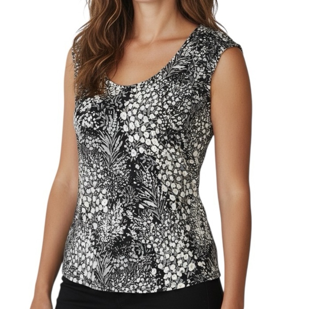 NWT WHBM Black Floral Sleeveless Buckle Detail Shoulder Blouse Size Large